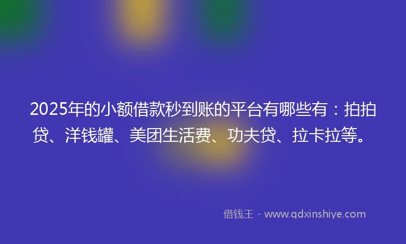 2025年的小额借款秒到账的平台有哪些有：拍拍贷、洋钱罐、美团生活费、功夫贷、拉卡拉等。