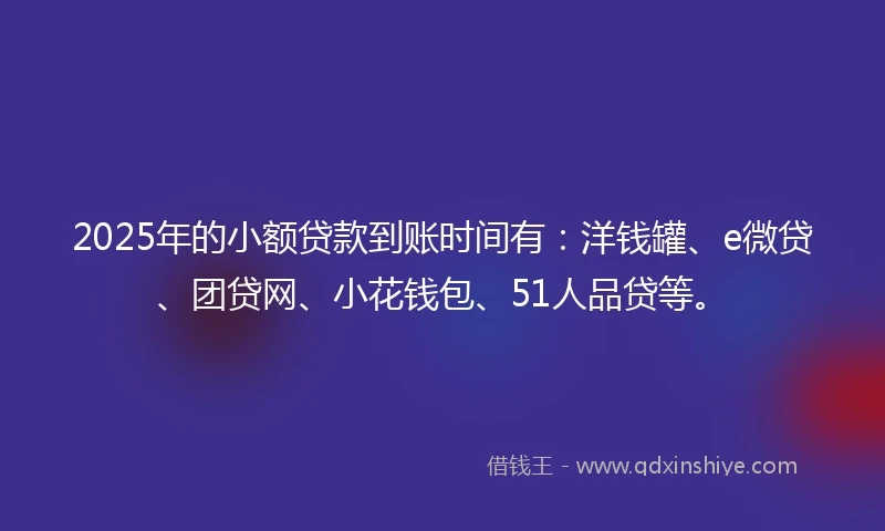 2025年的小额贷款到账时间有：洋钱罐、e微贷、团贷网、小花钱包、51人品贷等。