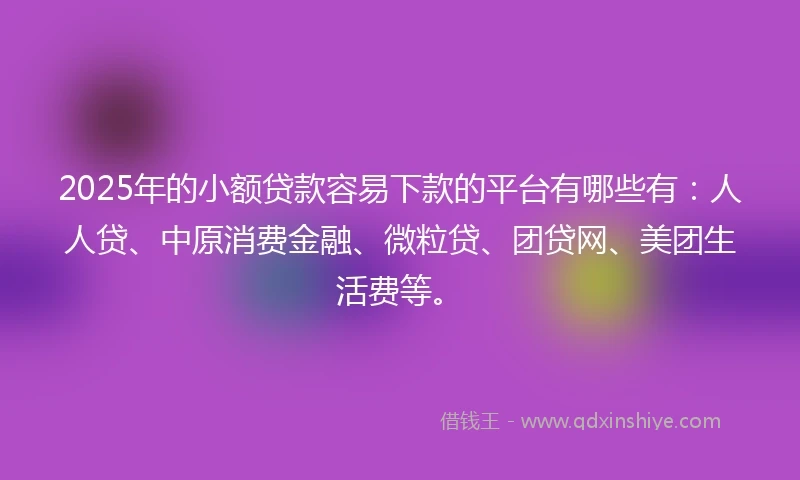2025年的小额贷款容易下款的平台有哪些有：人人贷、中原消费金融、微粒贷、团贷网、美团生活费等。