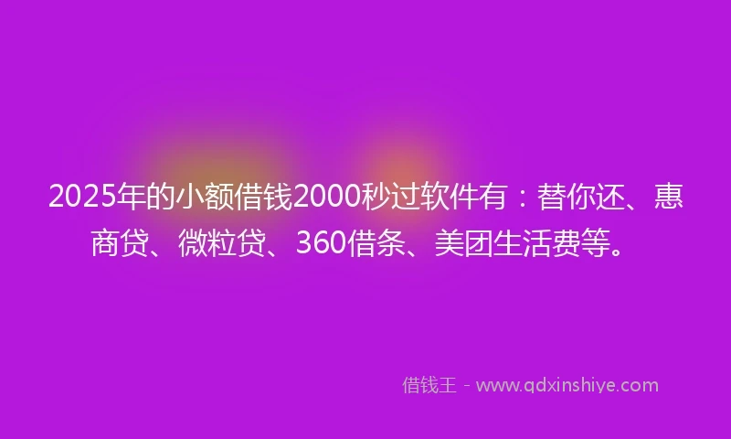 2025年的小额借钱2000秒过软件有：替你还、惠商贷、微粒贷、360借条、美团生活费等。