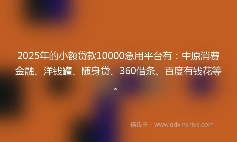 2025年的小额贷款10000急用平台有：中原消费金融、洋钱罐、随身贷、360借条、百度有钱花等。