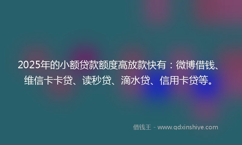 2025年的小额贷款额度高放款快有：微博借钱、维信卡卡贷、读秒贷、滴水贷、信用卡贷等。