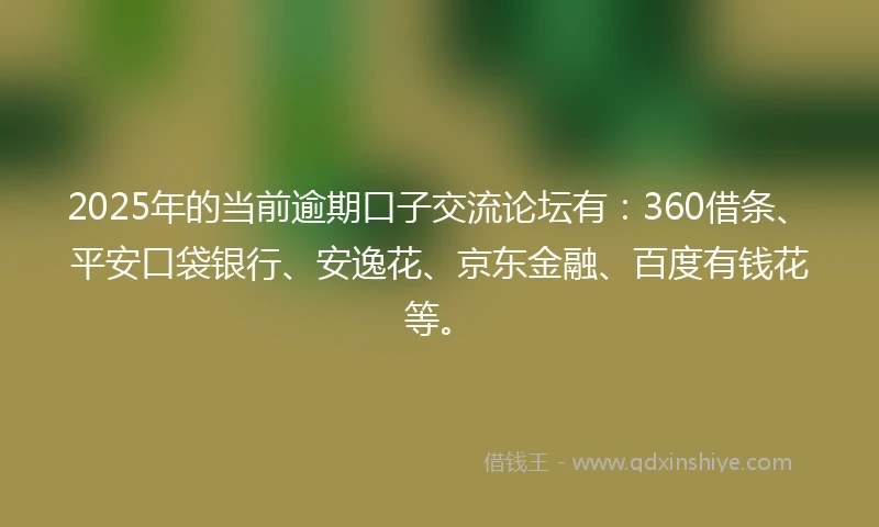 2025年的当前逾期口子交流论坛有:360借条、平安口袋银行、安逸花、京东金融、百度有钱花等。