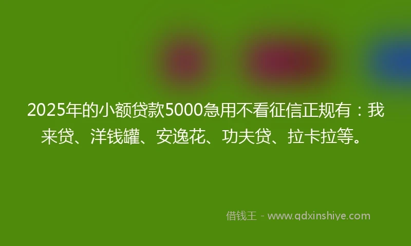 2025年的小额贷款5000急用不看征信正规有：我来贷、洋钱罐、安逸花、功夫贷、拉卡拉等。