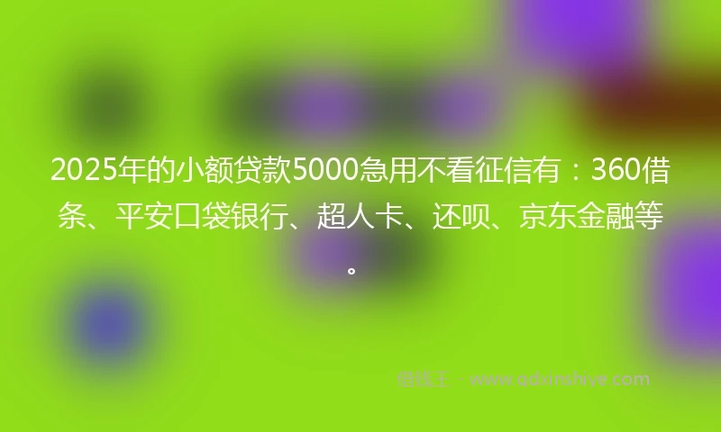 2025年的小额贷款5000急用不看征信有：360借条、平安口袋银行、超人卡、还呗、京东金融等。
