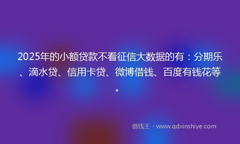 2025年的小额贷款不看征信大数据的有：分期乐、滴水贷、信用卡贷、微博借钱、百度有钱花等。