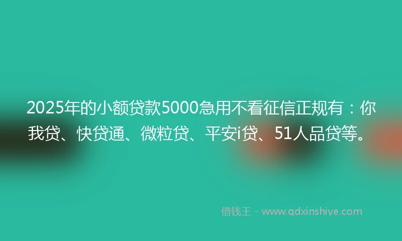 2025年的小额贷款5000急用不看征信正规有：你我贷、快贷通、微粒贷、平安i贷、51人品贷等。