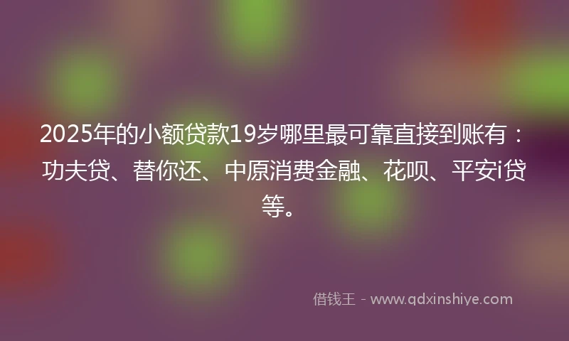 2025年的小额贷款19岁哪里最可靠直接到账有：功夫贷、替你还、中原消费金融、花呗、平安i贷等。