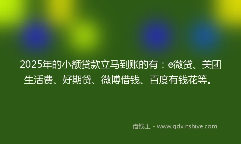2025年的小额贷款立马到账的有：e微贷、美团生活费、好期贷、微博借钱、百度有钱花等。