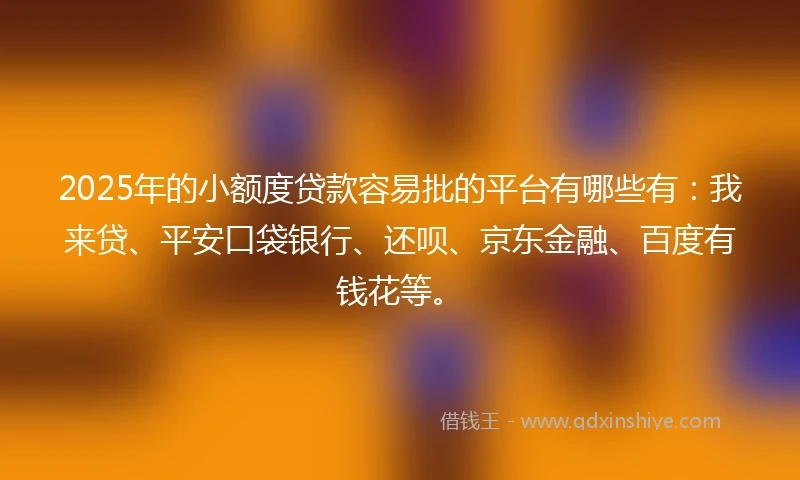 2025年的小额度贷款容易批的平台有哪些有：我来贷、平安口袋银行、还呗、京东金融、百度有钱花等。