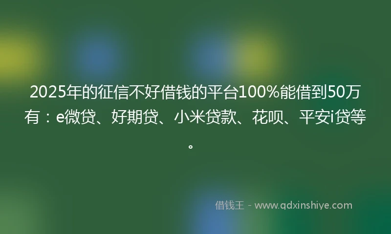 2025年的征信不好借钱的平台100%能借到50万有：e微贷、好期贷、小米贷款、花呗、平安i贷等。