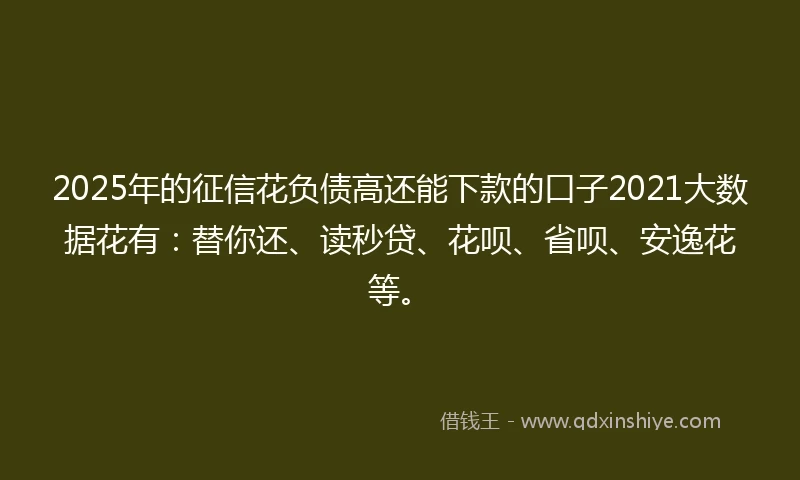 2025年的征信花负债高还能下款的口子2021大数据花有：替你还、读秒贷、花呗、省呗、安逸花等。