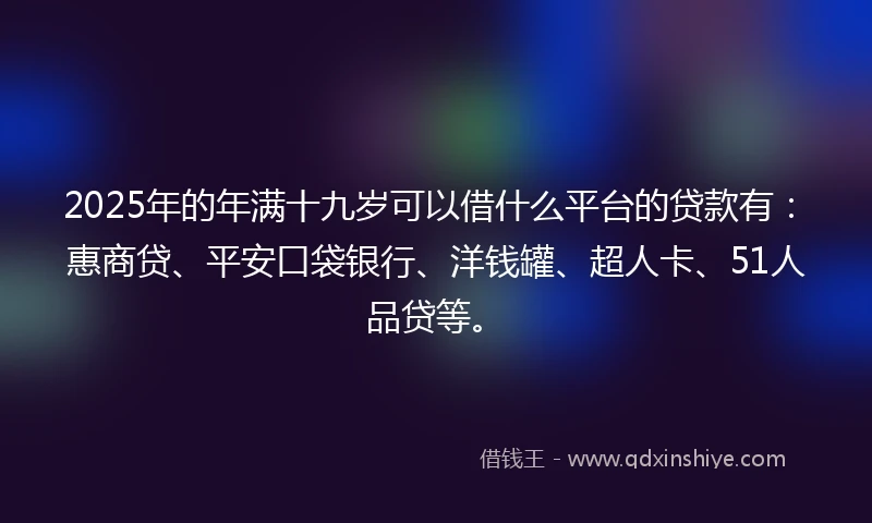 2025年的年满十九岁可以借什么平台的贷款有：惠商贷、平安口袋银行、洋钱罐、超人卡、51人品贷等。