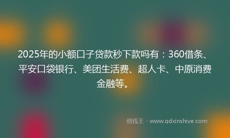2025年的小额口子贷款秒下款吗有：360借条、平安口袋银行、美团生活费、超人卡、中原消费金融等。