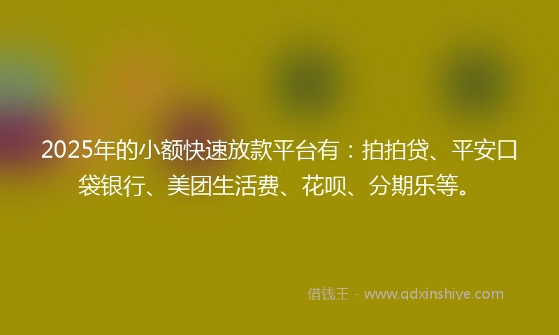 2025年的小额快速放款平台有：拍拍贷、平安口袋银行、美团生活费、花呗、分期乐等。