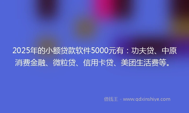 2025年的小额贷款软件5000元有：功夫贷、中原消费金融、微粒贷、信用卡贷、美团生活费等。