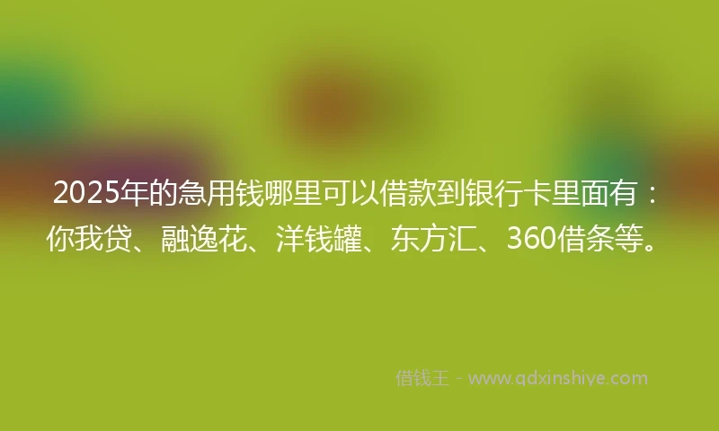 2025年的急用钱哪里可以借款到银行卡里面有：你我贷、融逸花、洋钱罐、东方汇、360借条等。