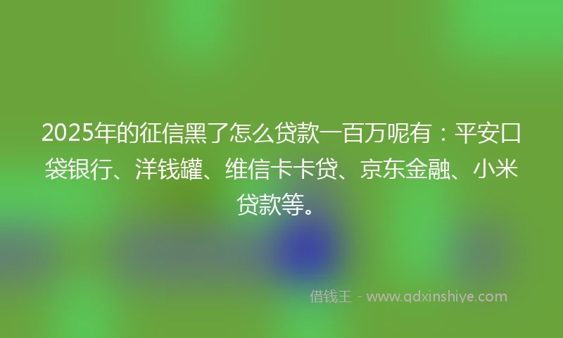 2025年的征信黑了怎么贷款一百万呢有：平安口袋银行、洋钱罐、维信卡卡贷、京东金融、小米贷款等。