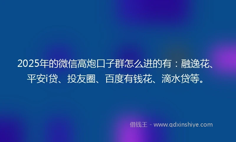 2025年的微信高炮口子群怎么进的有：融逸花、平安i贷、投友圈、百度有钱花、滴水贷等。