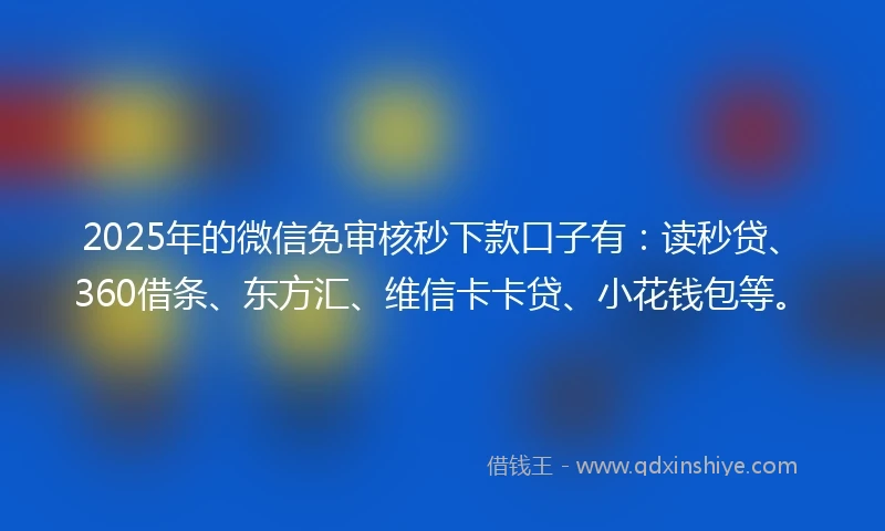 2025年的微信免审核秒下款口子有：读秒贷、360借条、东方汇、维信卡卡贷、小花钱包等。