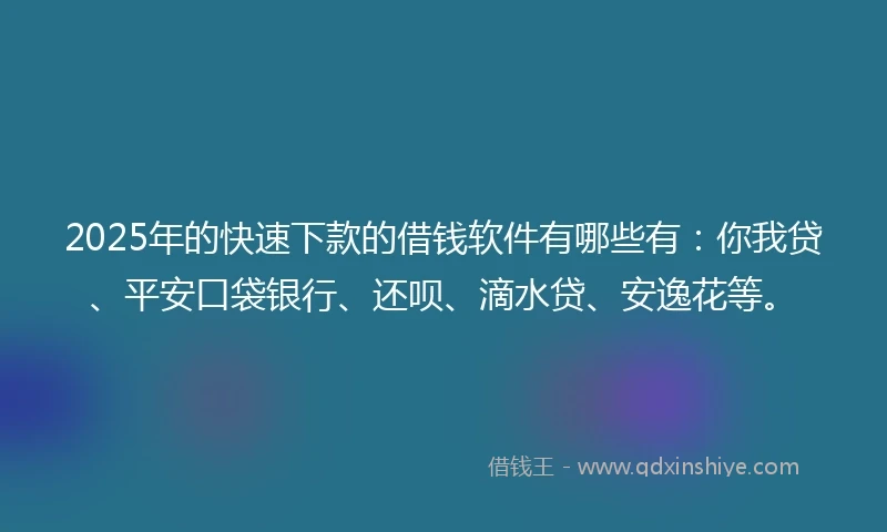 2025年的快速下款的借钱软件有哪些有：你我贷、平安口袋银行、还呗、滴水贷、安逸花等。