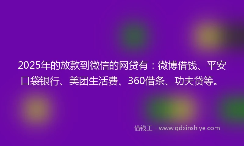 2025年的放款到微信的网贷有：微博借钱、平安口袋银行、美团生活费、360借条、功夫贷等。