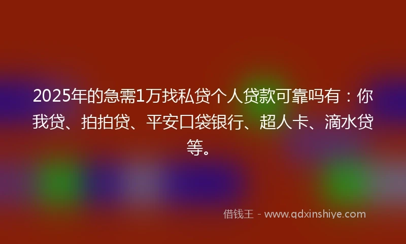 2025年的急需1万找私贷个人贷款可靠吗有：你我贷、拍拍贷、平安口袋银行、超人卡、滴水贷等。