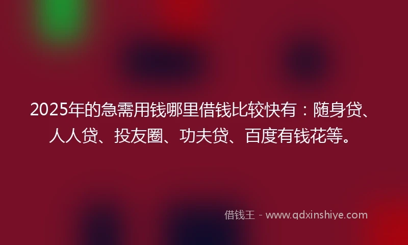 2025年的急需用钱哪里借钱比较快有：随身贷、人人贷、投友圈、功夫贷、百度有钱花等。