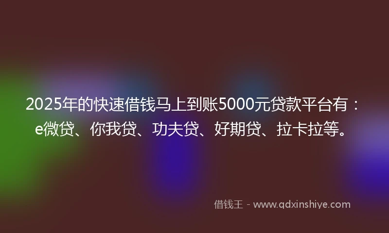 2025年的快速借钱马上到账5000元贷款平台有：e微贷、你我贷、功夫贷、好期贷、拉卡拉等。