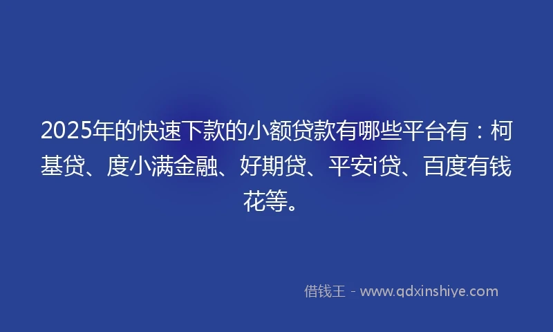 2025年的快速下款的小额贷款有哪些平台有：柯基贷、度小满金融、好期贷、平安i贷、百度有钱花等。