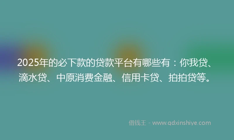 2025年的必下款的贷款平台有哪些有：你我贷、滴水贷、中原消费金融、信用卡贷、拍拍贷等。