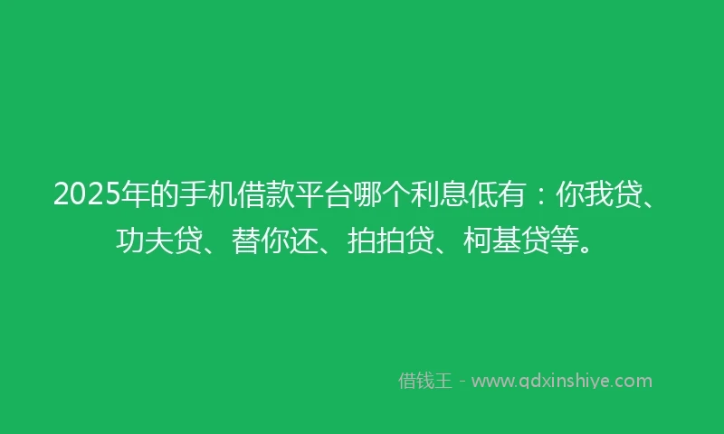 2025年的手机借款平台哪个利息低有：你我贷、功夫贷、替你还、拍拍贷、柯基贷等。