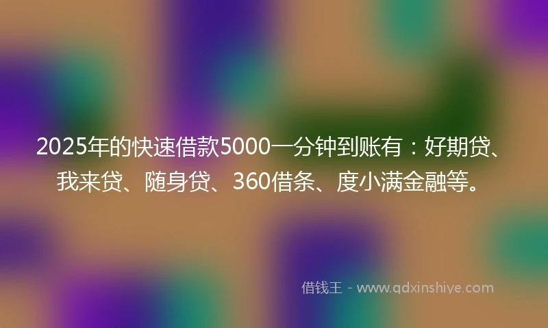 2025年的快速借款5000一分钟到账有：好期贷、我来贷、随身贷、360借条、度小满金融等。