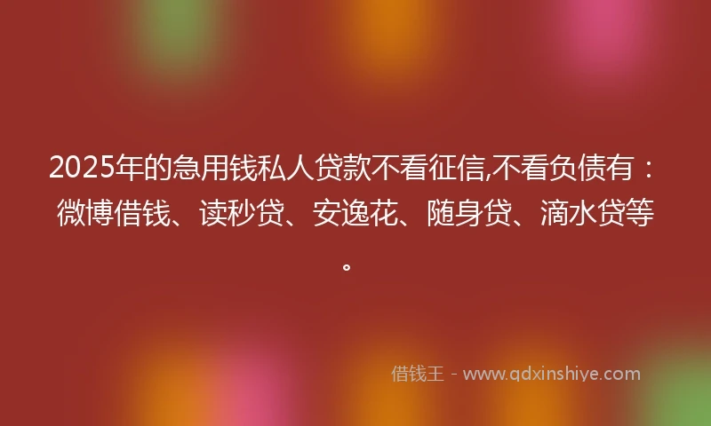2025年的急用钱私人贷款不看征信,不看负债有：微博借钱、读秒贷、安逸花、随身贷、滴水贷等。