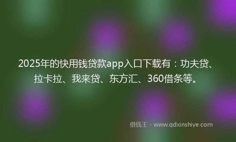 2025年的快用钱贷款app入口下载有：功夫贷、拉卡拉、我来贷、东方汇、360借条等。