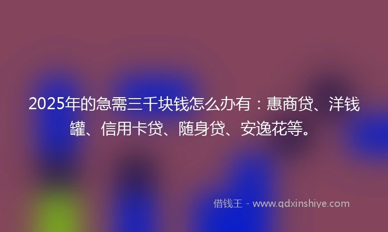 2025年的急需三千块钱怎么办有:惠商贷、洋钱罐、信用卡贷、随身贷、安逸花等。
