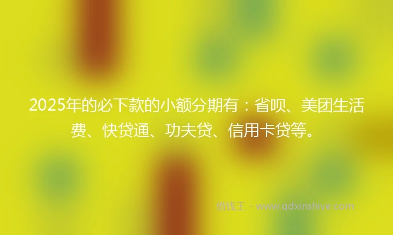 2025年的必下款的小额分期有：省呗、美团生活费、快贷通、功夫贷、信用卡贷等。