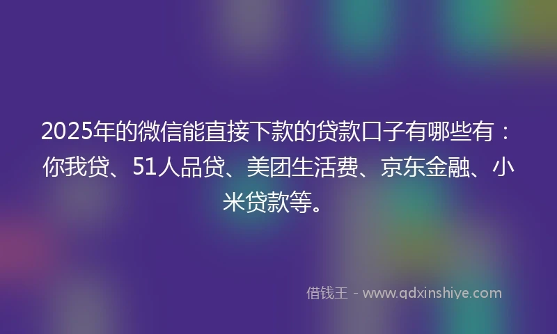 2025年的微信能直接下款的贷款口子有哪些有：你我贷、51人品贷、美团生活费、京东金融、小米贷款等。