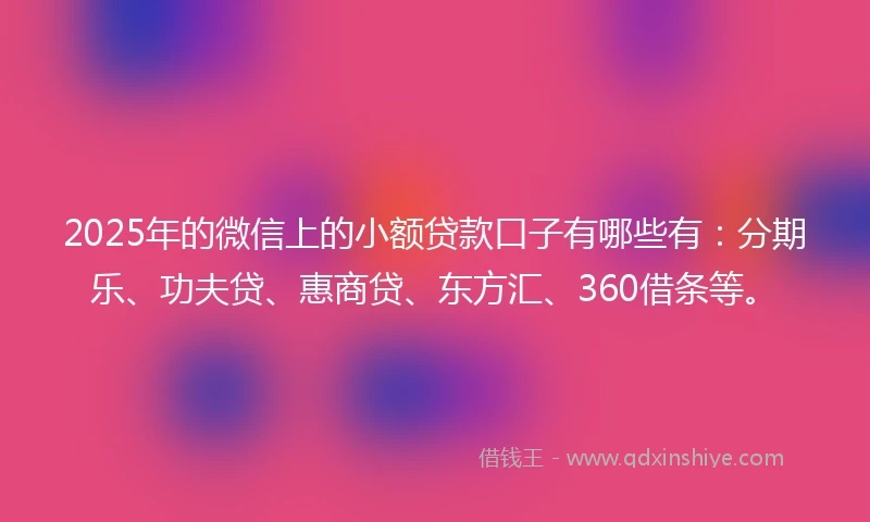 2025年的微信上的小额贷款口子有哪些有：分期乐、功夫贷、惠商贷、东方汇、360借条等。