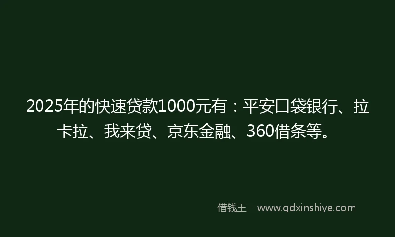2025年的快速贷款1000元有：平安口袋银行、拉卡拉、我来贷、京东金融、360借条等。