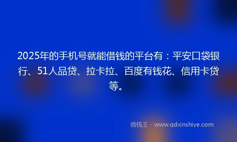 2025年的手机号就能借钱的平台有：平安口袋银行、51人品贷、拉卡拉、百度有钱花、信用卡贷等。