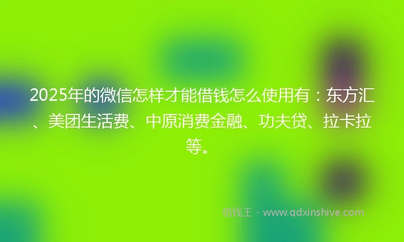 2025年的微信怎样才能借钱怎么使用有：东方汇、美团生活费、中原消费金融、功夫贷、拉卡拉等。