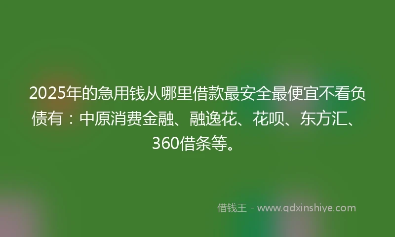 2025年的急用钱从哪里借款最安全最便宜不看负债有：中原消费金融、融逸花、花呗、东方汇、360借条等。