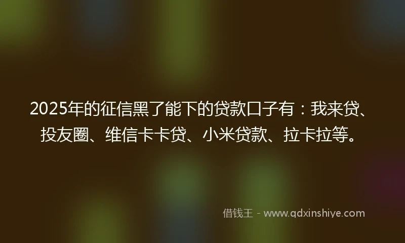 2025年的征信黑了能下的贷款口子有：我来贷、投友圈、维信卡卡贷、小米贷款、拉卡拉等。