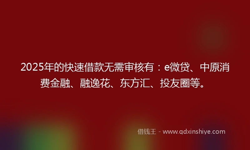 2025年的快速借款无需审核有：e微贷、中原消费金融、融逸花、东方汇、投友圈等。
