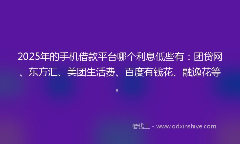 2025年的手机借款平台哪个利息低些有：团贷网、东方汇、美团生活费、百度有钱花、融逸花等。