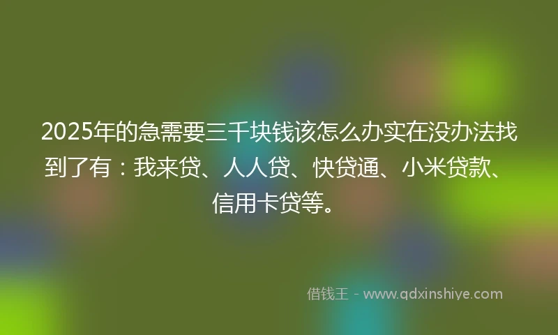 2025年的急需要三千块钱该怎么办实在没办法找到了有：我来贷、人人贷、快贷通、小米贷款、信用卡贷等。