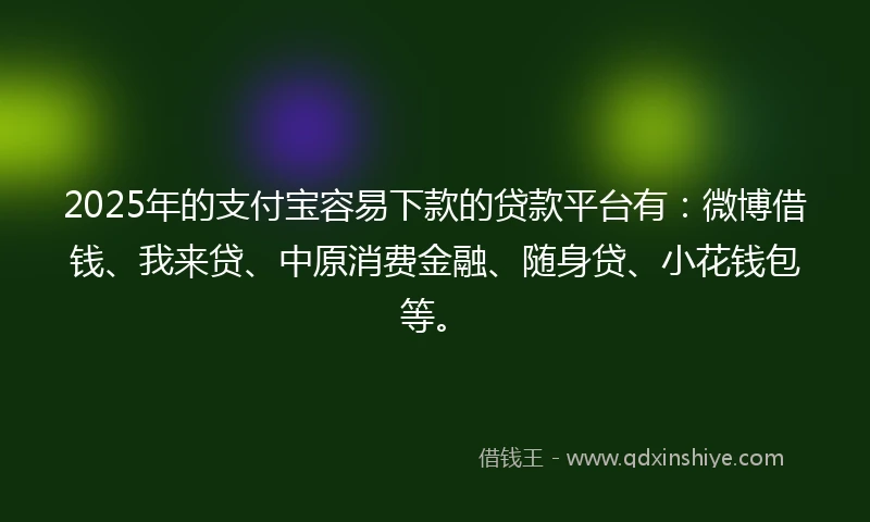 2025年的支付宝容易下款的贷款平台有：微博借钱、我来贷、中原消费金融、随身贷、小花钱包等。