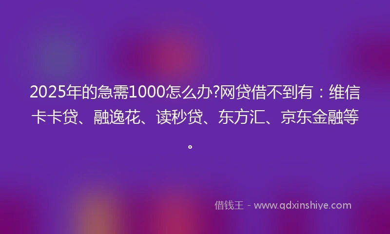2025年的急需1000怎么办?网贷借不到有：维信卡卡贷、融逸花、读秒贷、东方汇、京东金融等。