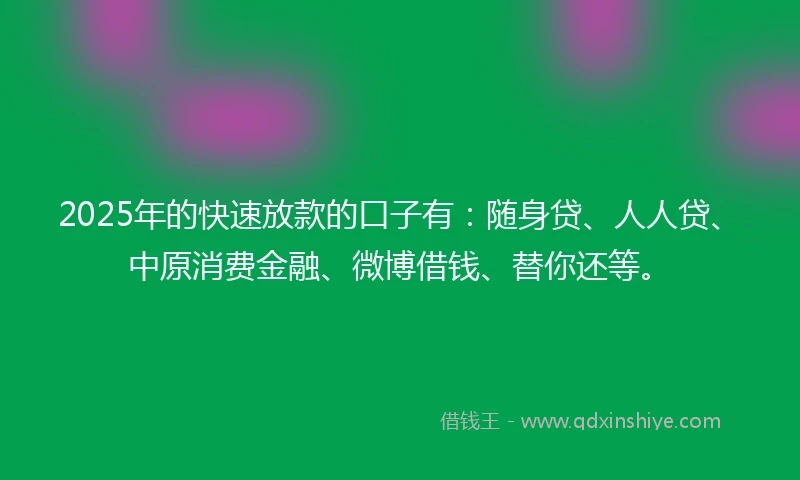 2025年的快速放款的口子有：随身贷、人人贷、中原消费金融、微博借钱、替你还等。